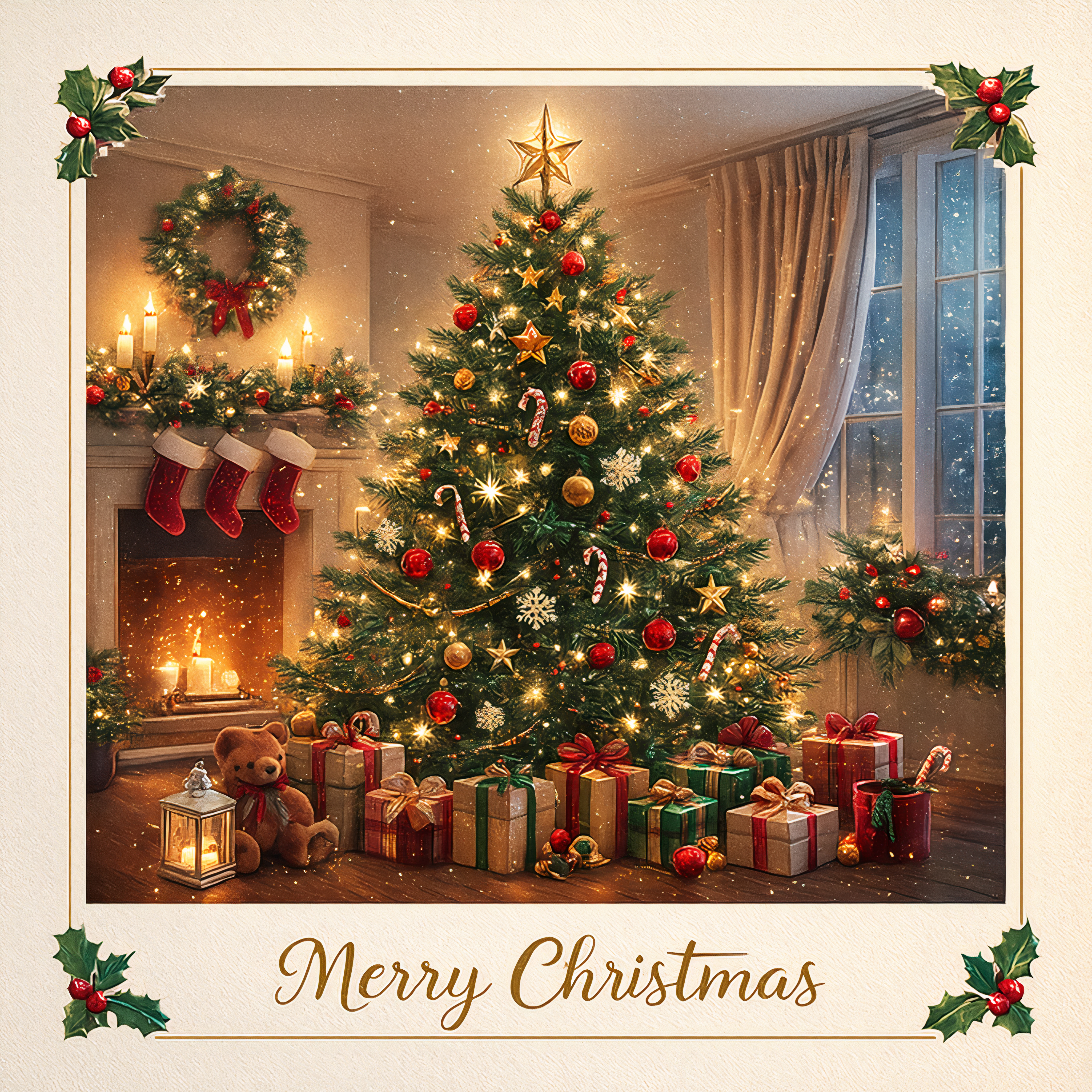 Warm Christmas Living Room with Decorated Tree and Gifts