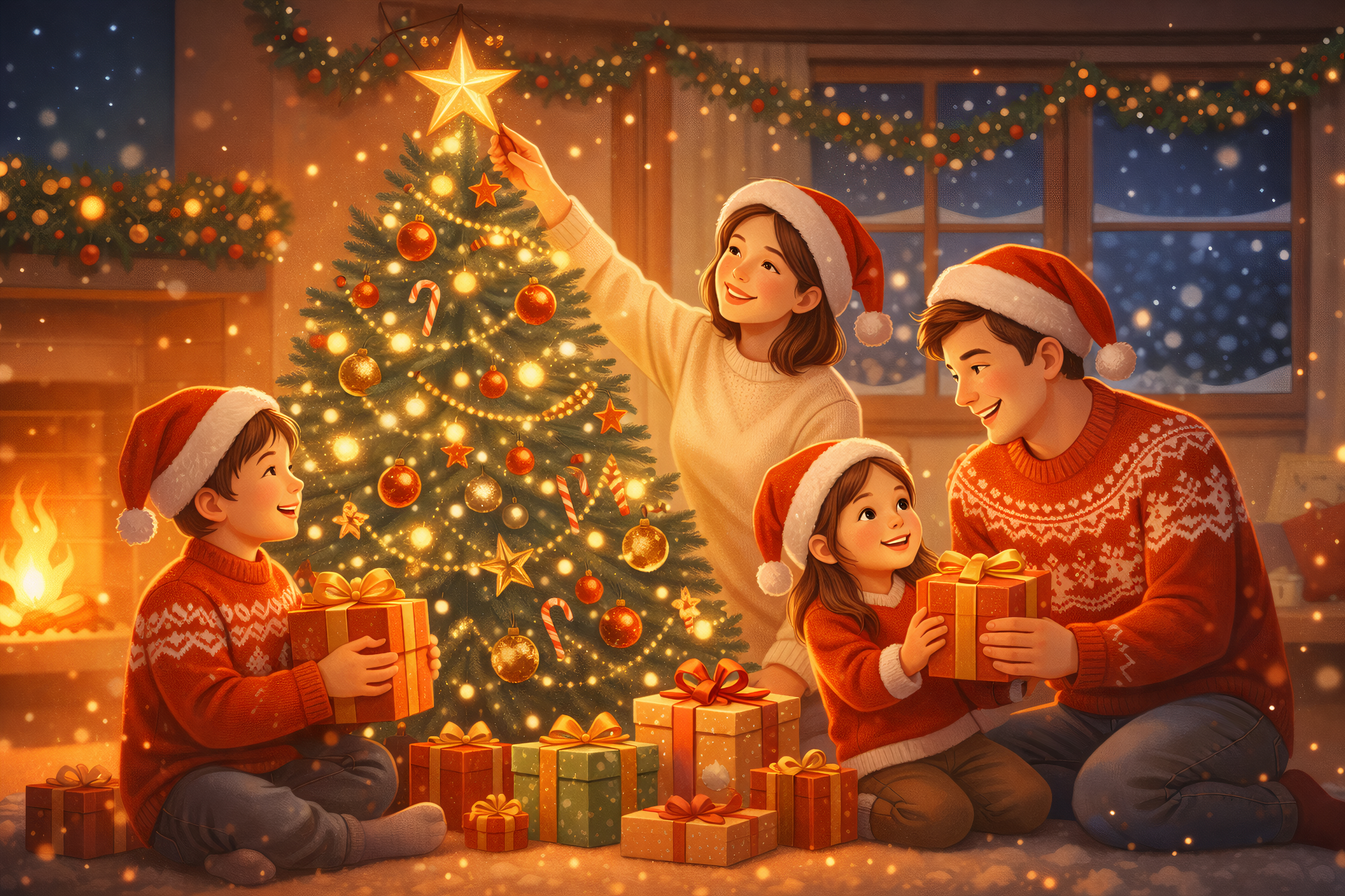 family decorating christmas tree